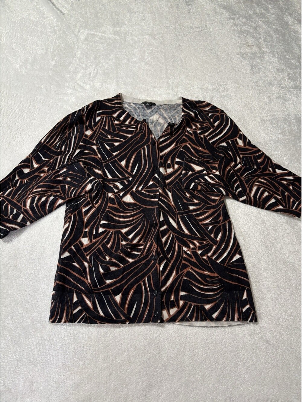 Ann Taylor Cardigan Small Black Tan Print Abstract Career Office Preppy Comfort